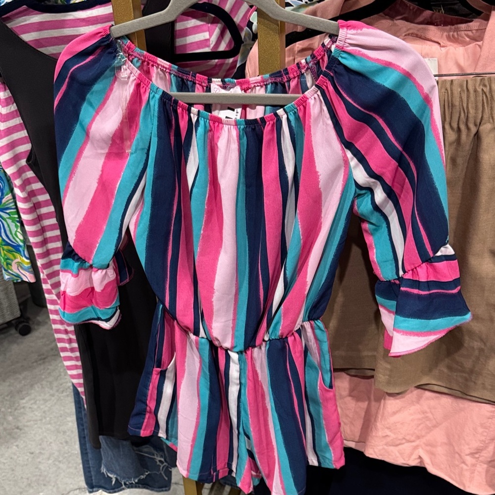 Pink Lily Multicolor Striped Off-Shoulder Romper